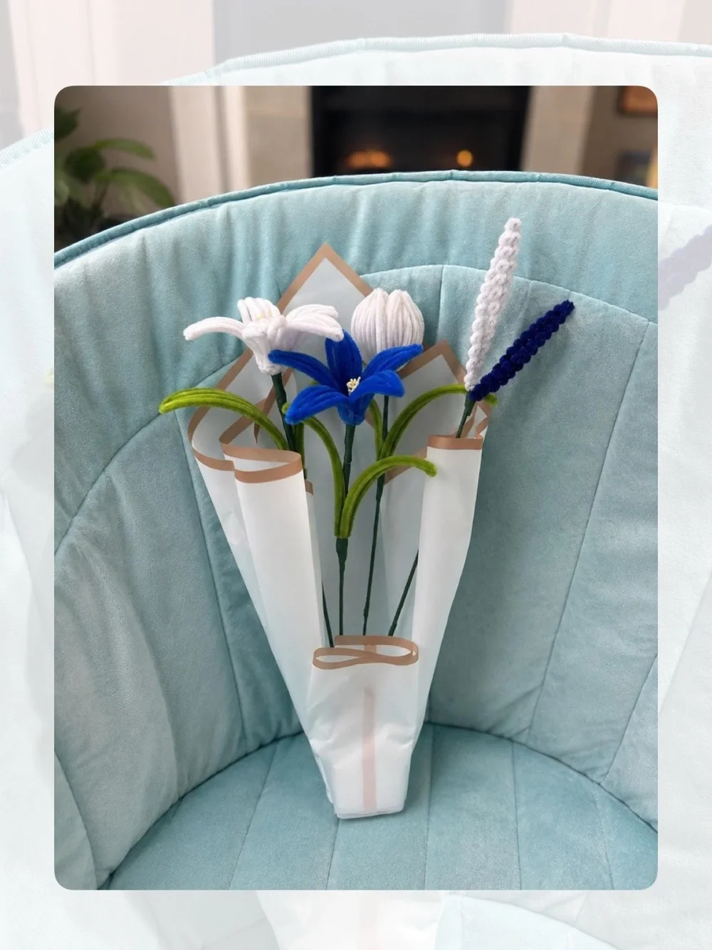 Handcrafted Blue and Pink Velvet Floral Bouquet - Home Accents